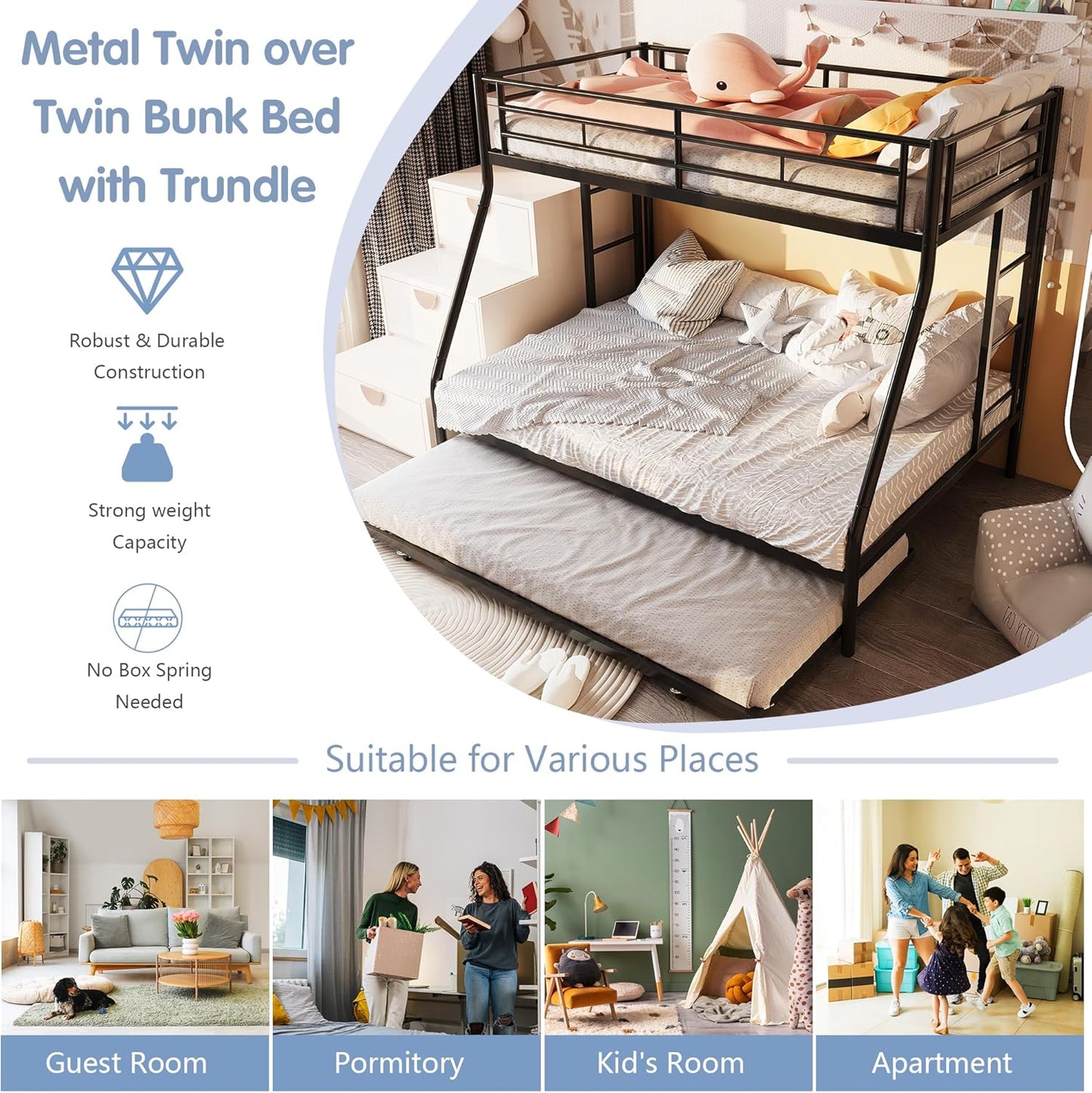 Bunk Bed Twin over Full with Trundle, Twin Trundle Bed with Daybed, Metal Bunk Bed with 2 Secured Ladders, Safety Guard, Noise Free for Small Bedroom, Black (With Trundles, Twin over Full)