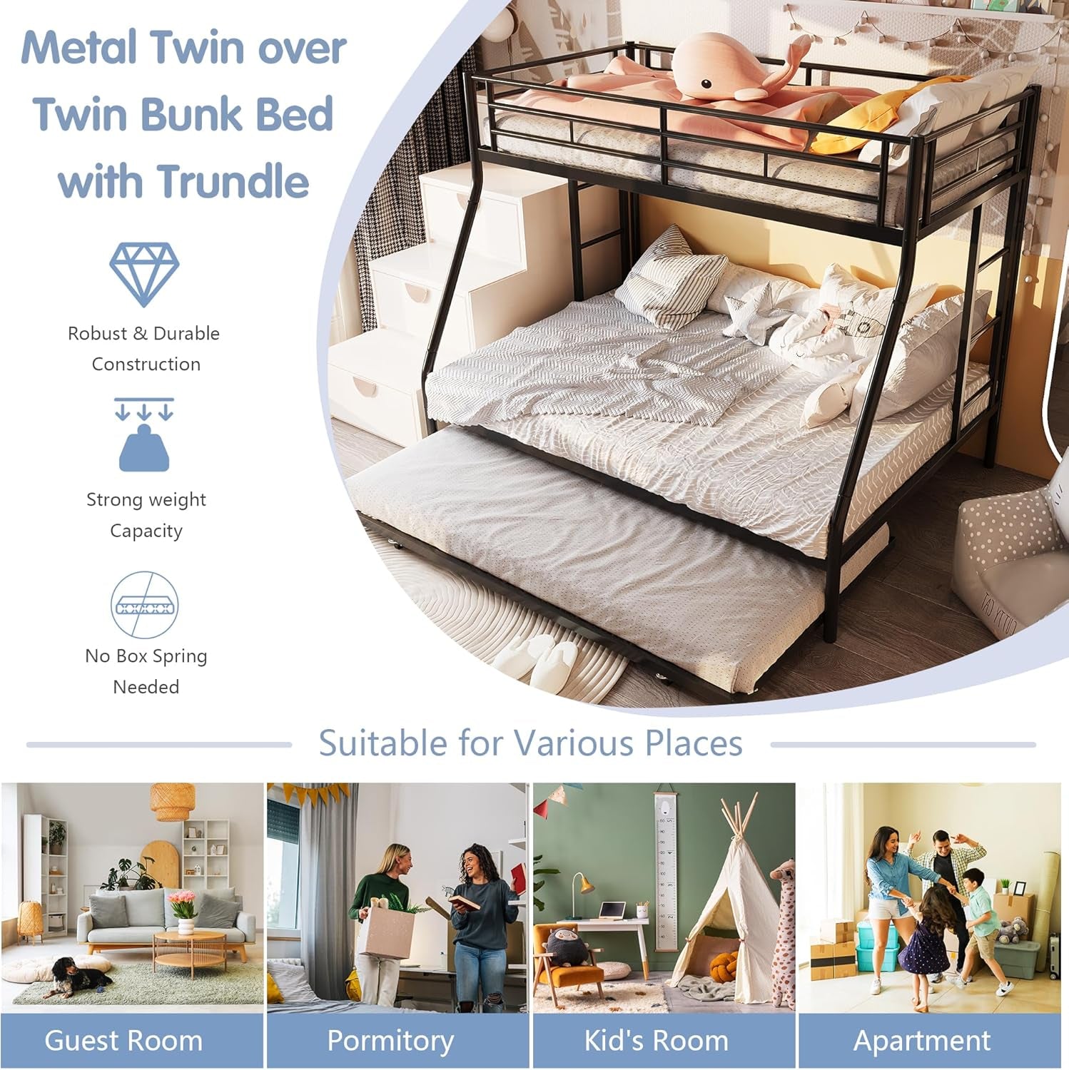 Bunk Bed Twin over Full with Trundle, Twin Trundle Bed with Daybed, Metal Bunk Bed with 2 Secured Ladders, Safety Guard, Noise Free for Small Bedroom, Black (With Trundles, Twin over Full)