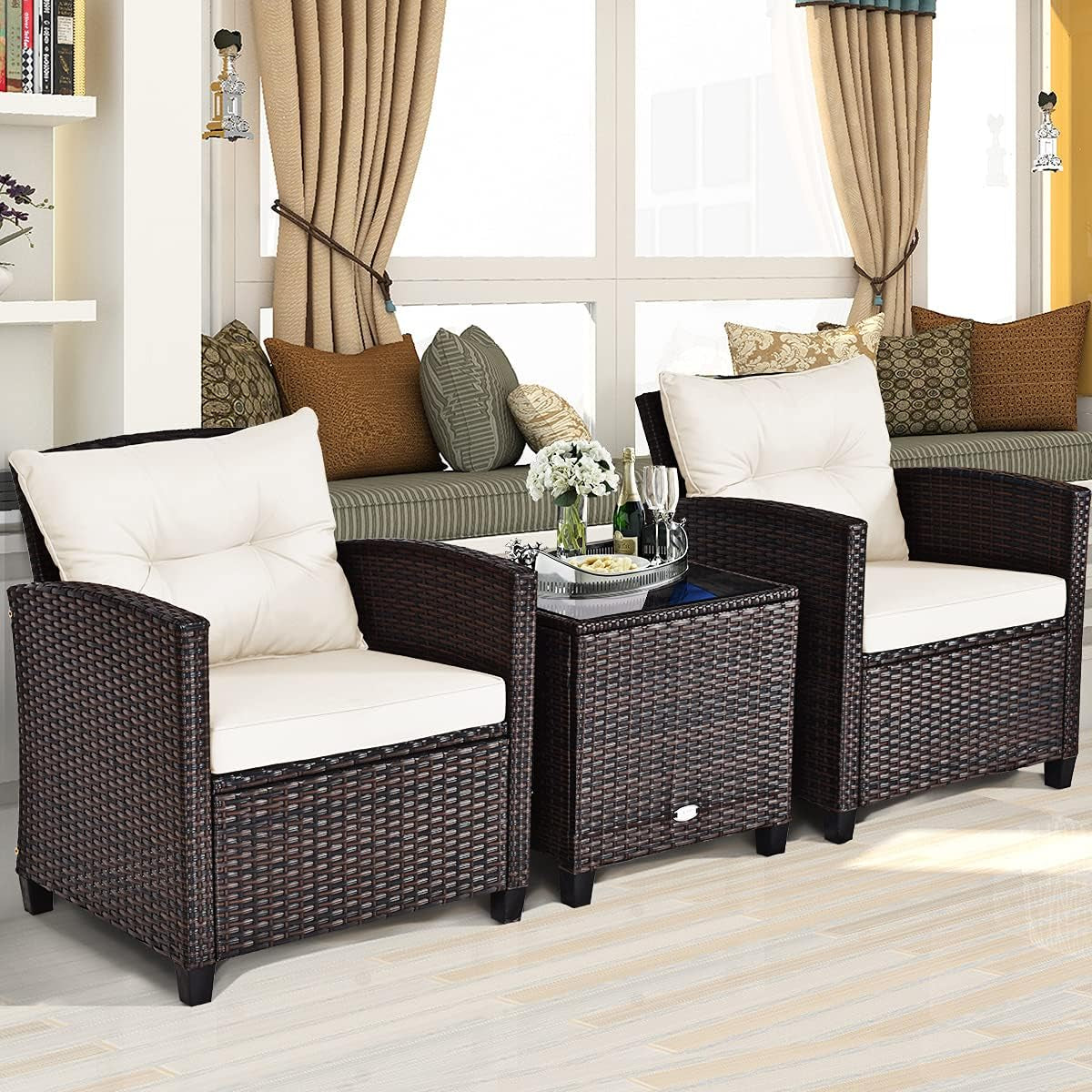 3 Piece Patio Furniture Set, Outdoor Conversation Set with Washable Cushions & Tempered Glass Tabletop, PE Rattan Wicker Bistro Set for Porch, Garden, Balcony (White)