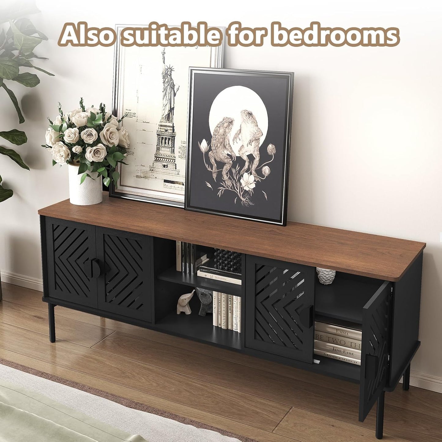 63" Modern TV Stands for Living Room, Long Entertainment Center with Storage, TV Console for 55 60 65 70 Inch TV, Bedroom TV Cabinet with Doors, Wood Media Console, Television Stand, Black