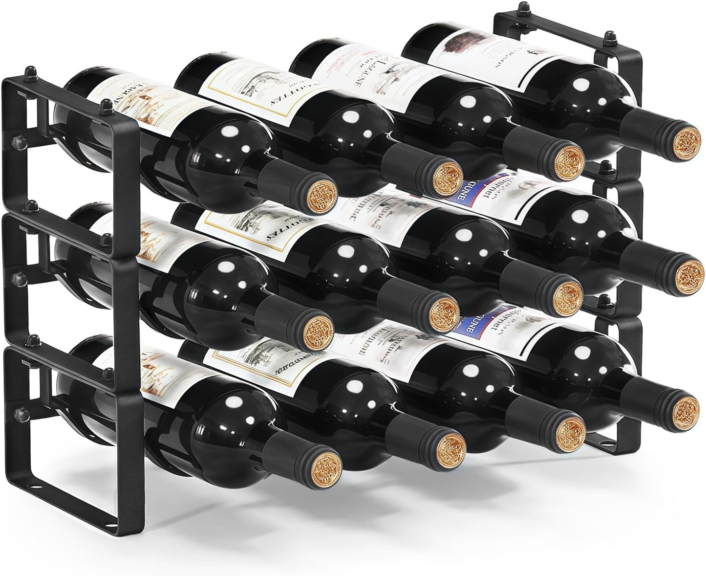 Stackable Wine Rack Countertop, 12 Bottles Wine Bottle Holder for inside Cabinet, Small Tabletop Wine Holder Stand for Pantry Bar, 3-Tier Angle Adjustable Wine Bottle Rack for Tight Spaces