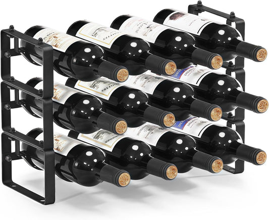 Stackable Wine Rack Countertop, 12 Bottles Wine Bottle Holder for inside Cabinet, Small Tabletop Wine Holder Stand for Pantry Bar, 3-Tier Angle Adjustable Wine Bottle Rack for Tight Spaces