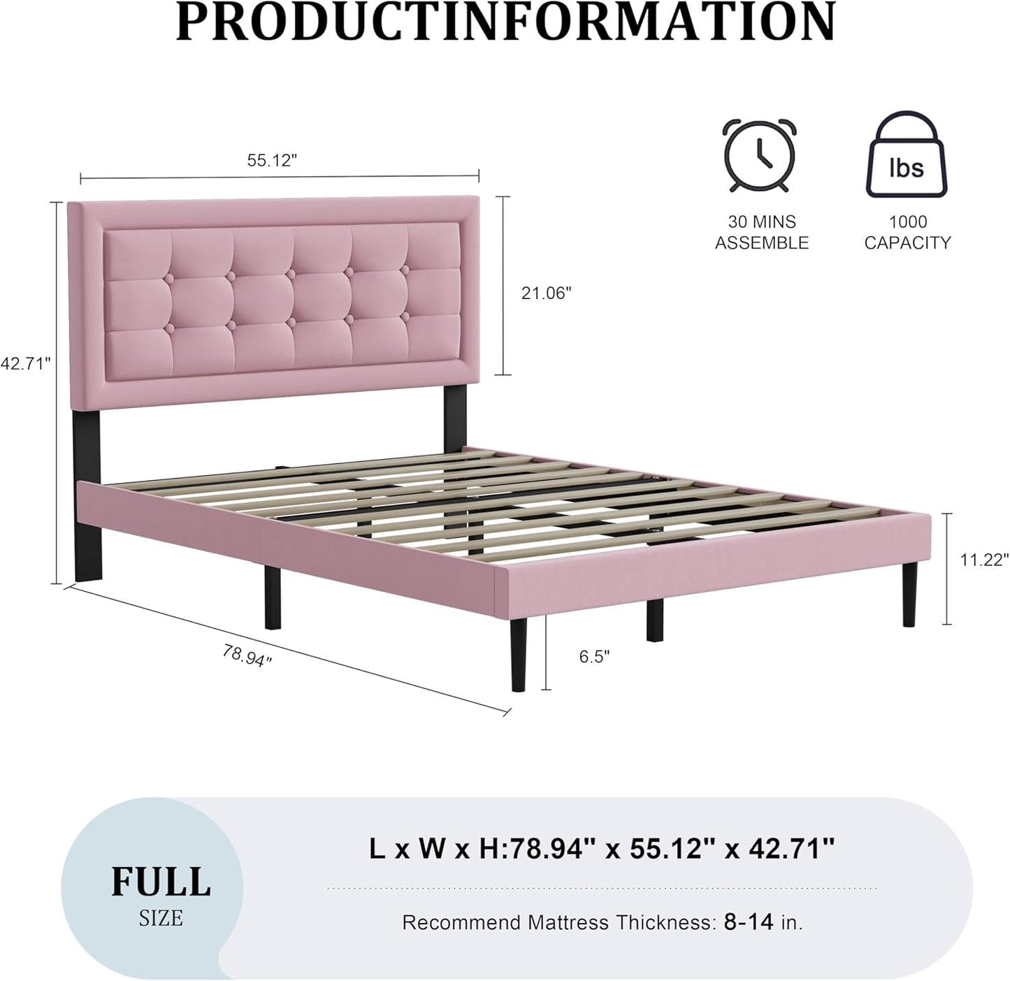 Full Size Upholstered Platform Bed, Full Size Frame with Tufted Button Headboard, Sturdy Frame Wooden Slats, No Innerspring Mattress Required, Noiseless, Easy to Assemble, Pink