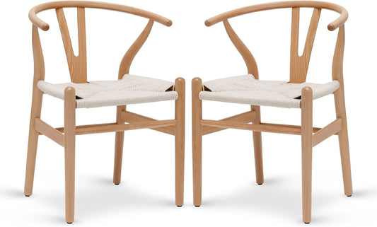Weave Dining Chairs – Mid-Century Modern Wishbone Dining Chairs with Arms, Solid Wood Frame, Indoor Use – Natural – Set of 2 - Ideal for Dining Room, Kitchen or Stylish Accent Setting