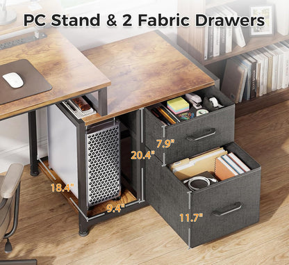 Computer Desk with Printer Storage Shelf, 56 Inch Office Desk with Drawers & Power Outlet, Reversible Desk Space-Saving Workstation with Individual PC Stand, Rustic Brown