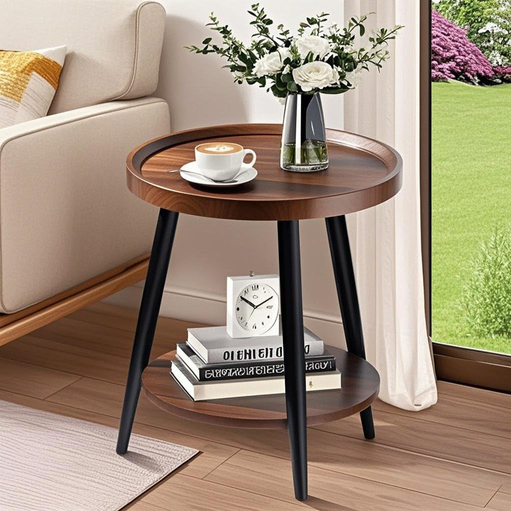 Small round Side Table, 2-Tier Mid Century Modern Side Table, round End Table Small End Table for Living Room, Metal Frames, Brown