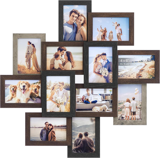 4X6 Collage Picture Frames, 12-Pack Photo Collage Frame for Wall Decor, Glass Front, Assembly Required, Maroon Brown, Heather Greige, Ash Black URPF022M01