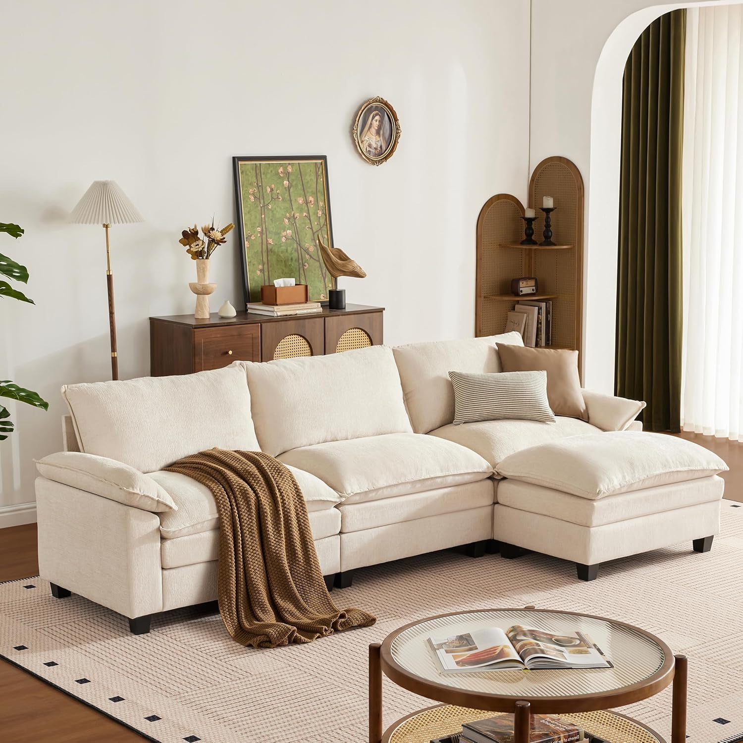 114 Inch Modular Couch Sectionals with Ottoman, Big Comfy Cloud Couches, L Shaped 4 Seat Modular Sectional Sofa, Modern Cloud Sectional Couches for Living Room, Deep Seat Sofa, Beige