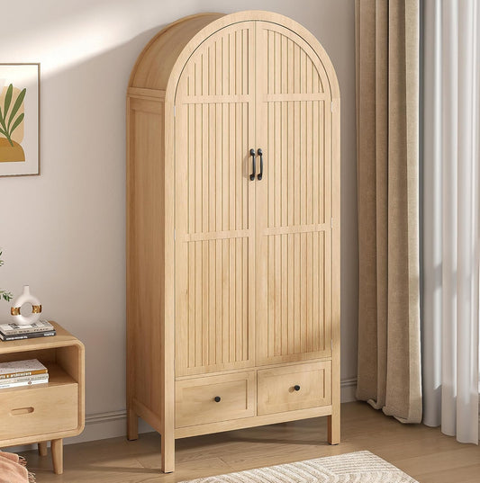 Wardrobe Closet, Armoire Wardrobe Closet with Drawers and 2 Arched Fluted Doors, 70.87‘’ Tall Wooden Bedroom Armoires with Shelves and Hanging Rod (1, Wood Color)