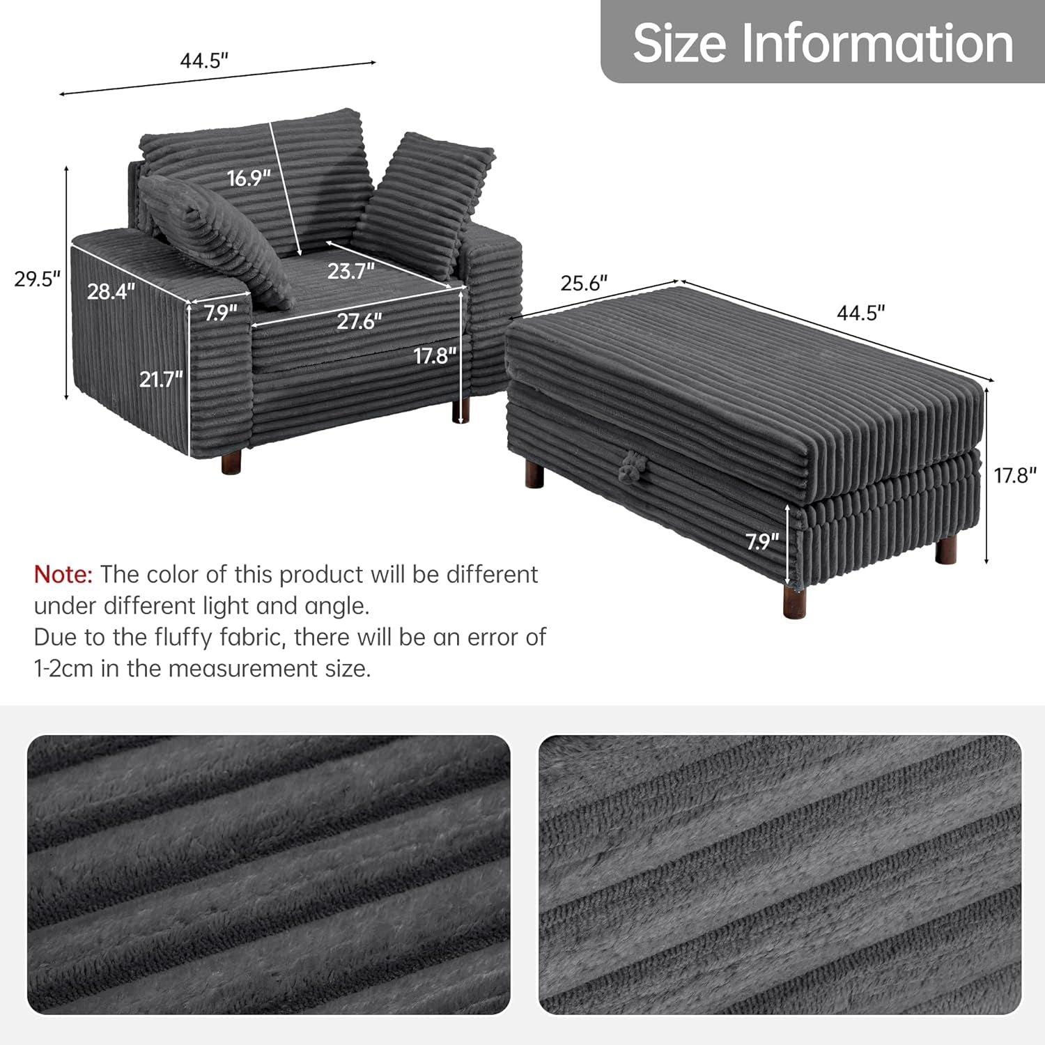 54" Oversized Chaise Lounge Chair Indoor, Comfy Sofa Bed with Removable Storage Ottoman and Pillows, Upholstered Reading Chairs Corduroy Cloud Couches, for Living Room, Gray