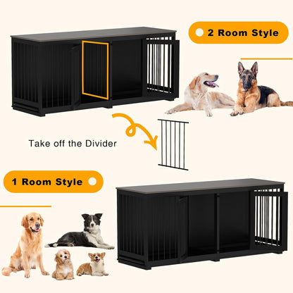 Large Funiture Style Dog Crate for 2 Dogs, 70" Wooden Dog Kennel Furniture with Removable Divider & 2 Trays, Indoor Heavy Duty Dog House W/Double Rooms for Large Medium Dogs, Black