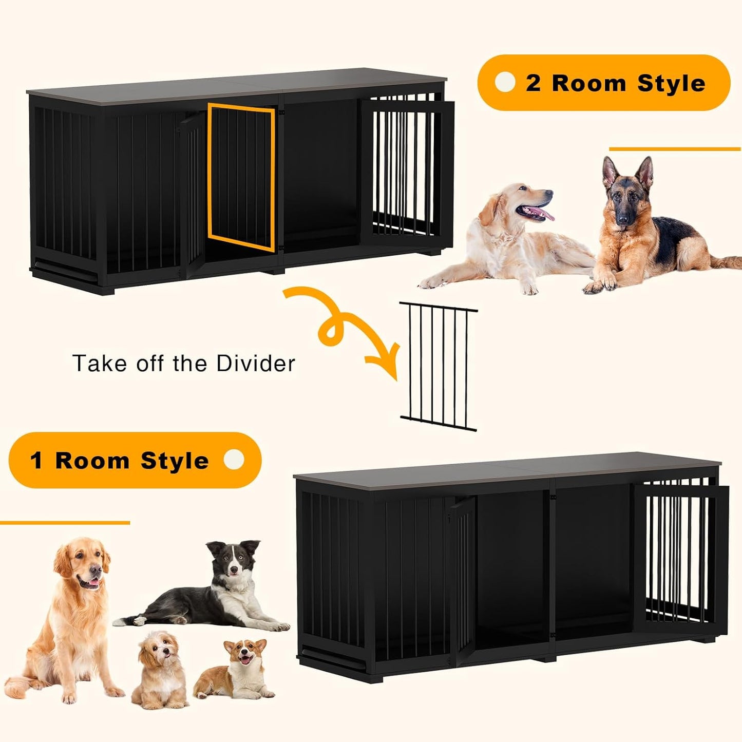 Large Funiture Style Dog Crate for 2 Dogs, 70" Wooden Dog Kennel Furniture with Removable Divider & 2 Trays, Indoor Heavy Duty Dog House W/Double Rooms for Large Medium Dogs, Brown