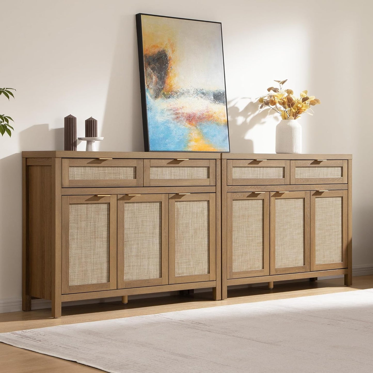 Rattan Sideboard Buffet Cabinet with Storage, Boho Credenza Accent Cabinet with 3 Doors and 2 Drawers, Farmhouse Console Coffee Bar for Kitchen, Living Room, and Entryway, Caramel Oak