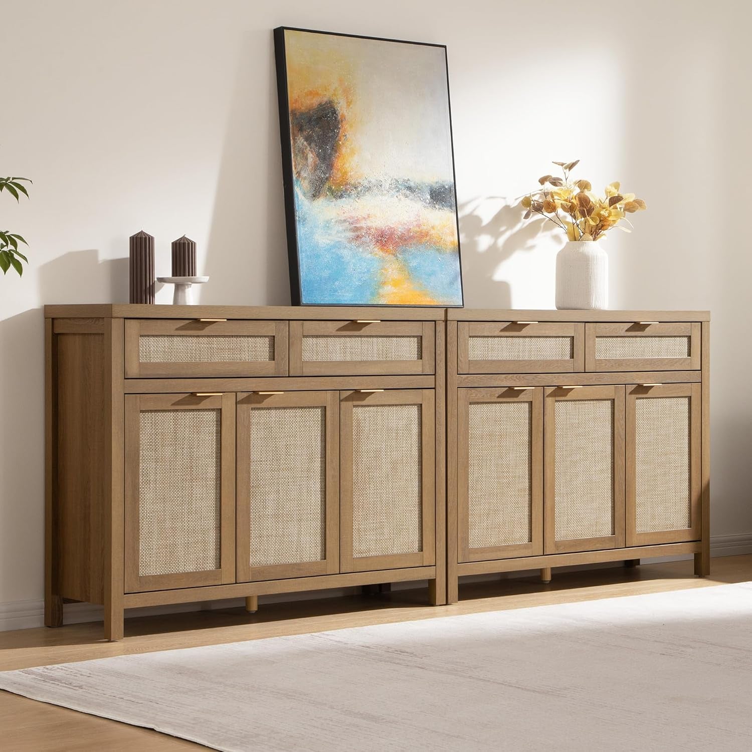 Rattan Sideboard Buffet Cabinet with Storage, Boho Credenza Accent Cabinet with 3 Doors and 2 Drawers, Farmhouse Console Coffee Bar for Kitchen, Living Room, and Entryway, Caramel Oak