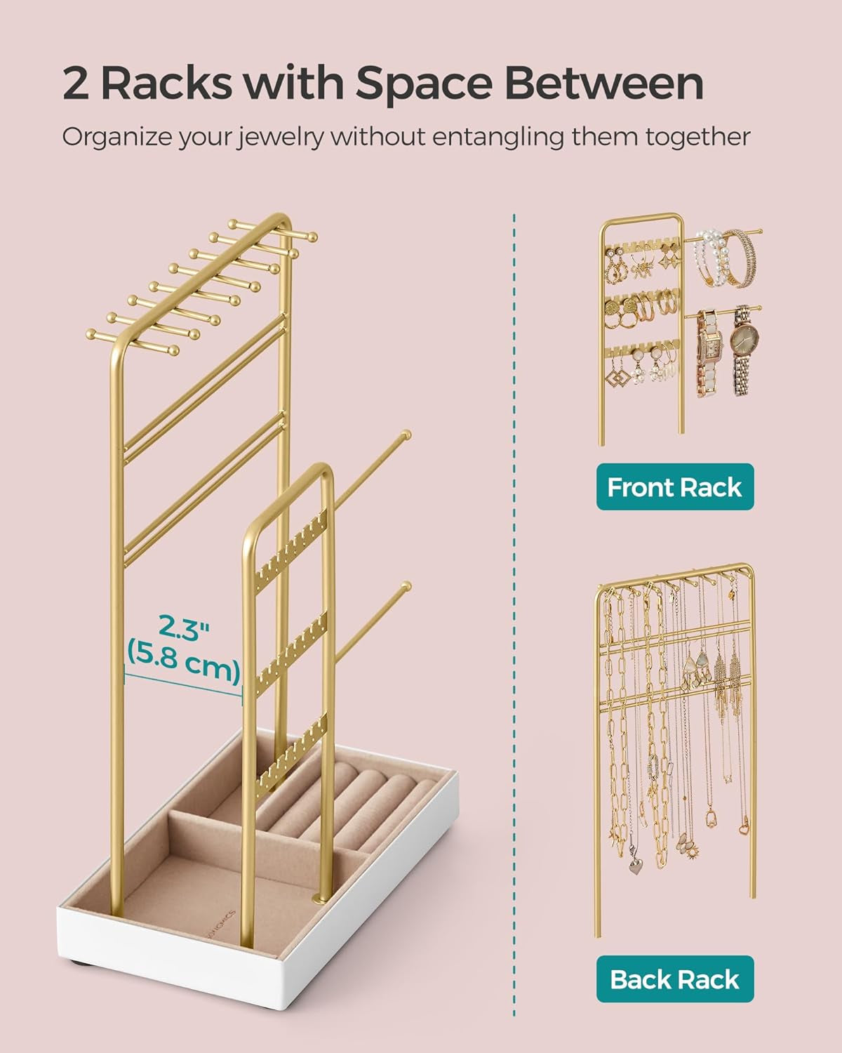 Jewelry Holder, Jewelry Organizer, Jewelry Display Stand with Metal Frame, Velvet Tray, Necklace Earring Bracelet Holder, for Studs, Rings, Gift Idea, Pale Gold UJJS021A01