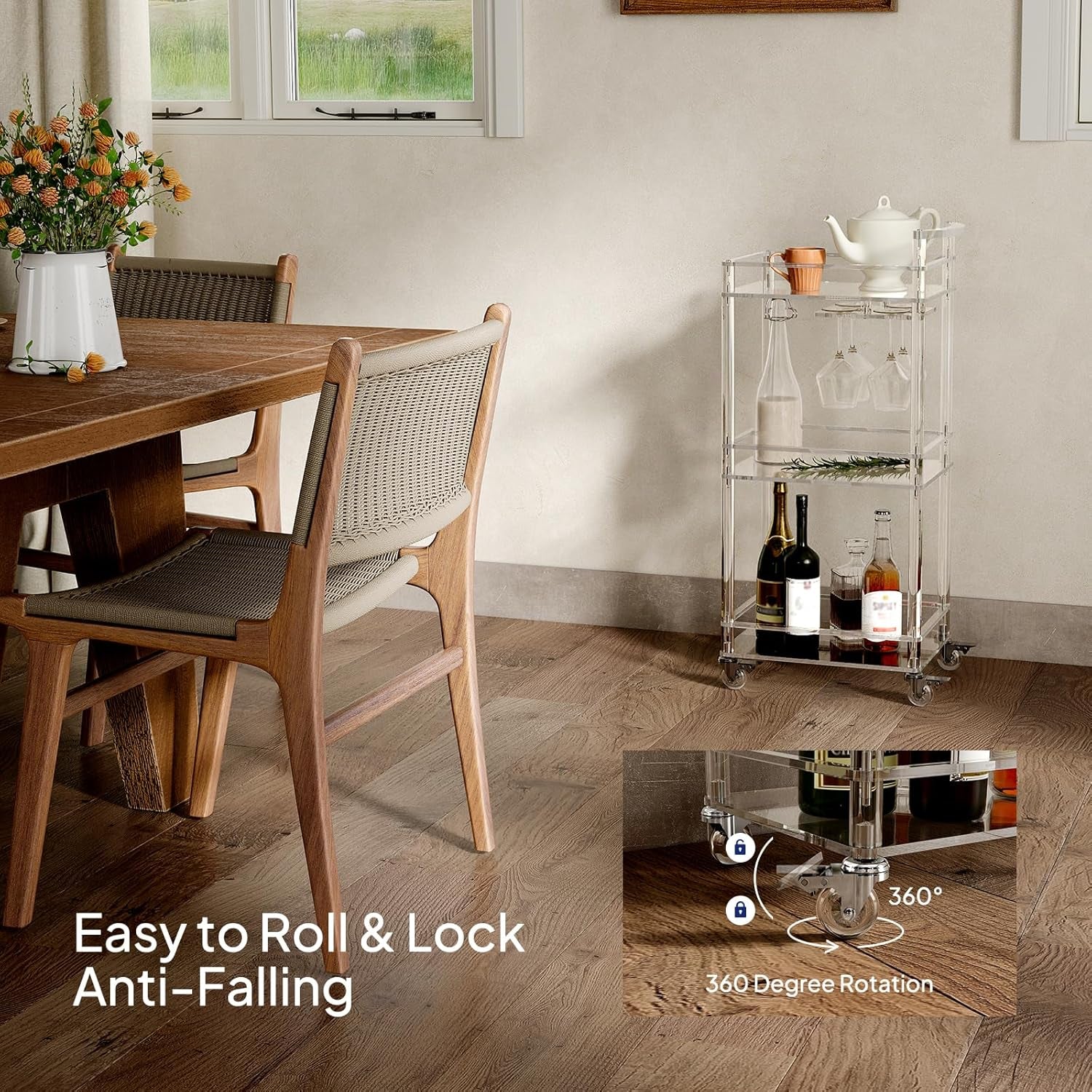 Small Acrylic Bar Cart - 3 Tier Home Bar Cart Rolling Serving Cart with 4 Lockable Wheels, Glass Holders, Handle, for Living Room, Kitchen, Bedroom, Bar, 15.6" L X 11.6" W X 35" H
