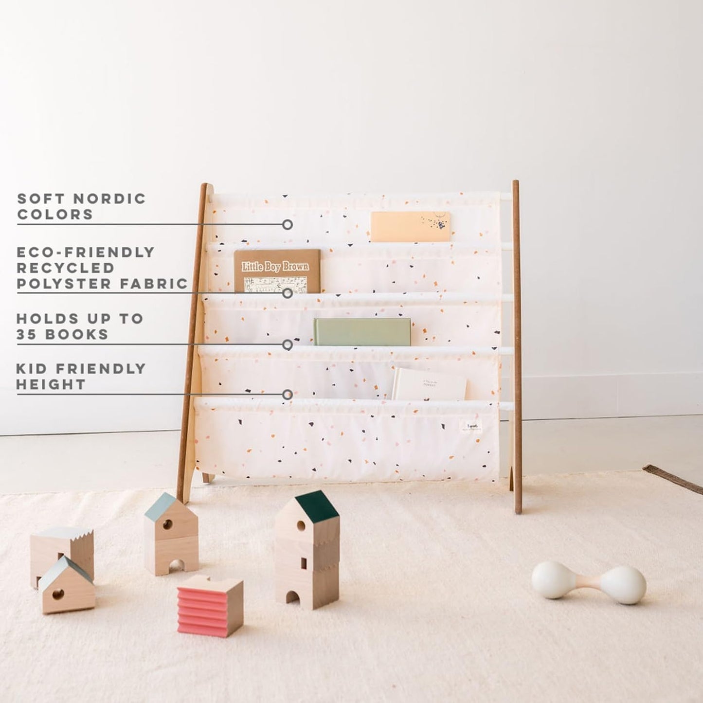 Recycled Fabric Kids Bookshelf – 4-Tier Sling Book Rack Organizer - Nursery Room Playroom Classroom Wooden Book Shelves - Kid Bookcase Wood Storage Shelf for Toddler Age 3+ - Terrazzo Cream