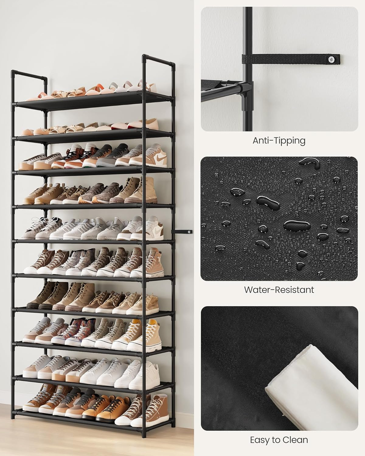 Shoe Rack, 10-Tier Shoe Shelf, Shoe Storage Organizer, 11 X 32.7 X 68 Inches, Metal Frame, Non-Woven Fabric Shelves, for Entryway, Bedroom, Black ULSH110BH01