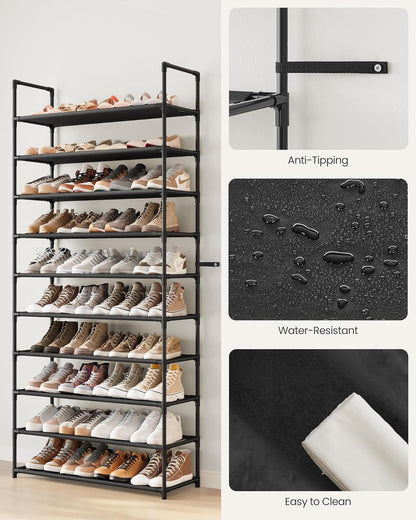 Shoe Rack, 10-Tier Shoe Shelf, Shoe Storage Organizer, 11 X 32.7 X 68 Inches, Metal Frame, Non-Woven Fabric Shelves, for Entryway, Bedroom, Black ULSH110BH01
