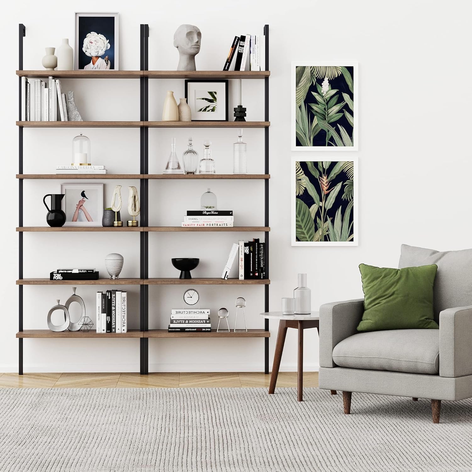 Theo 6-Shelf Tall Bookcase, Wall Mount Bookshelf with Reclaimed Wood and Industrial Metal Frame, Oak/Black