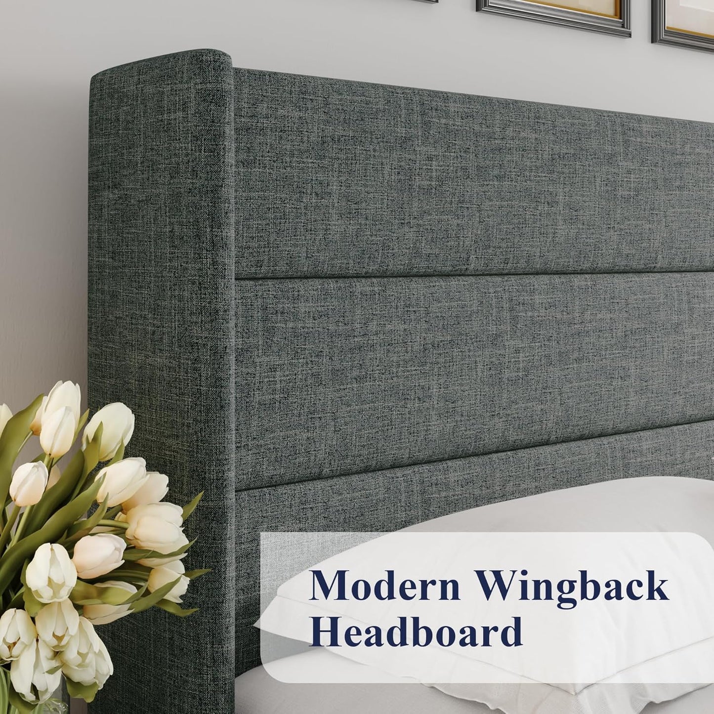 Queen Size Lift up Storage Bed, Modern Wingback Headboard, Hydraulic Support, No Box Spring Needed, Dark Grey