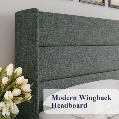 Queen Size Lift up Storage Bed, Modern Wingback Headboard, Hydraulic Support, No Box Spring Needed, Dark Grey
