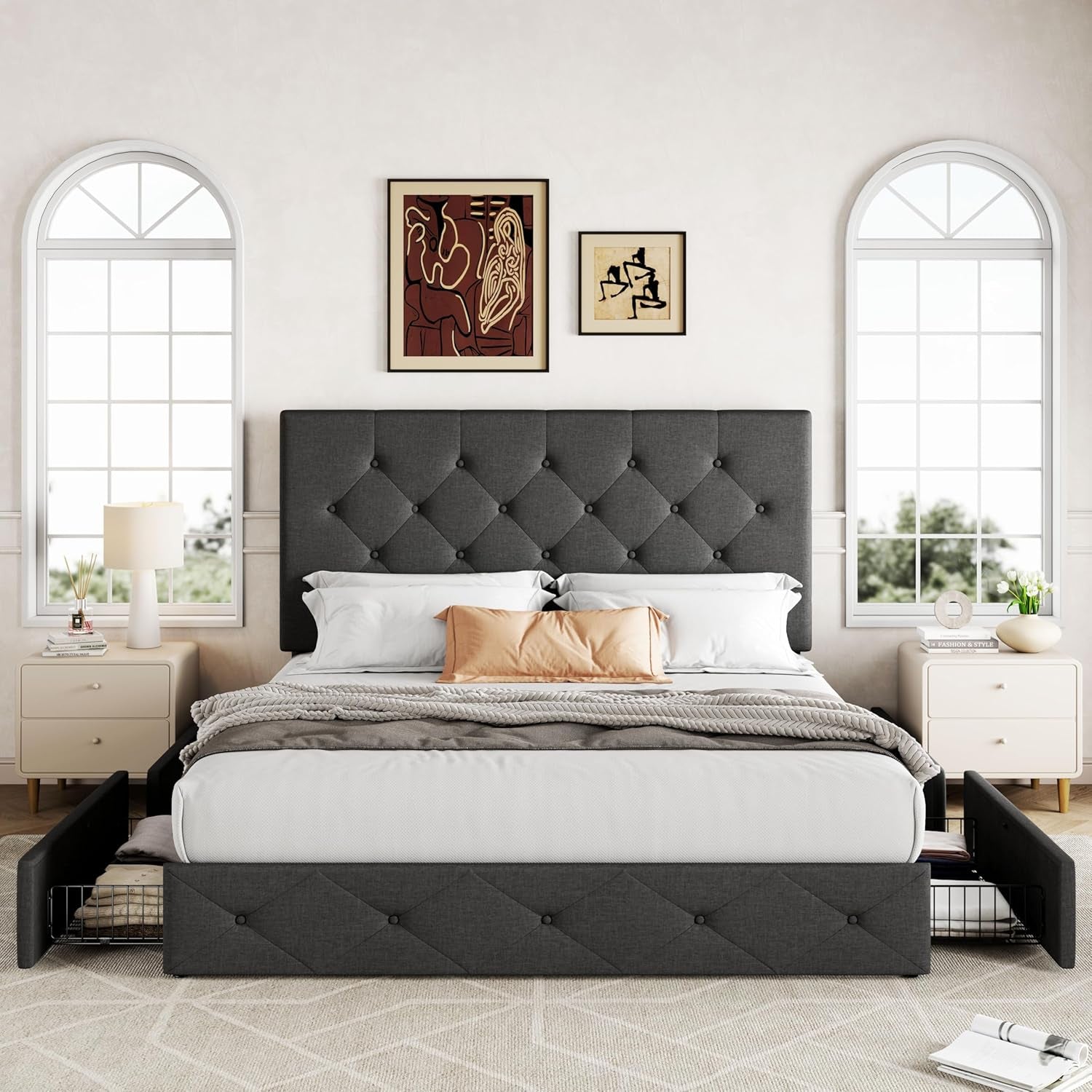 Upholstered Queen Size Platform Bed Frame with 4 Storage Drawers and Headboard, Diamond Stitched Button Tufted, Mattress Foundation with Wooden Slats Support, No Box Spring Needed, Dark Grey