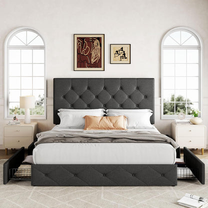 Upholstered Queen Size Platform Bed Frame with 4 Storage Drawers and Headboard, Diamond Stitched Button Tufted, Mattress Foundation with Wooden Slats Support, No Box Spring Needed, Dark Grey