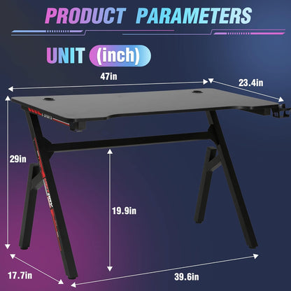Gaming Desk 47 Inch, Ergonomic Gamer Computer Desk with Mouse Pad, K Shaped PC Gaming Tables with Cup Holder Headphone Hook,Red