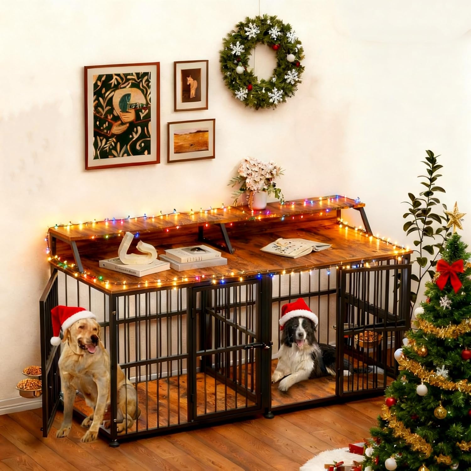 XXL Dog Crate Furniture for 2 Dogs, Extra Large Double Dog Cage Large Breed, Thick Wooden Dog Crate with Storage Rack, 72 Inch Double Dogs House Sturdy Dog Kennel with Removable Divider