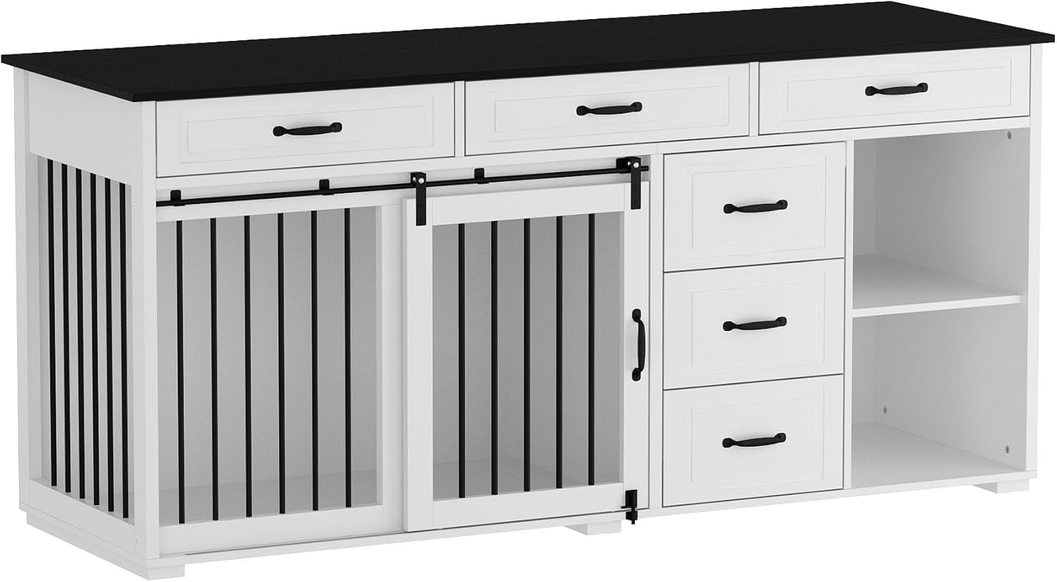 Extra Large Funiture Style Dog Crate with Drawers & Shelves, 67" Luxury Wooden Heavy Duty Single Room Dog Kennel Furniture W/Sliding Door, Indoor Dog House TV Stand, White