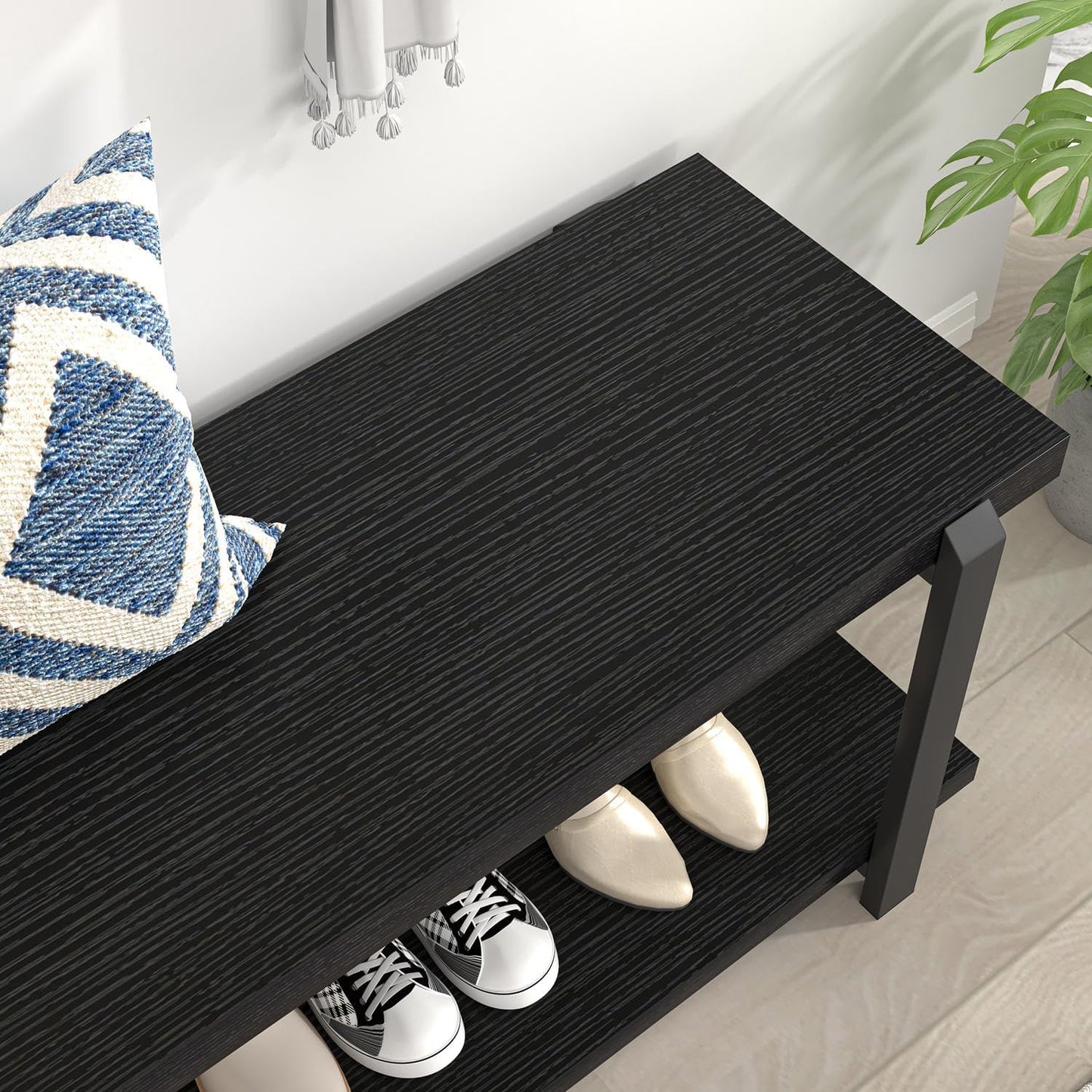 Entryway Bench, Modern Wood and Metal Storage Bench for Hallway, Industrial Indoor Shoe Rack Bench Seat for Living Room Bedroom, Black Oak 47 Inch Long