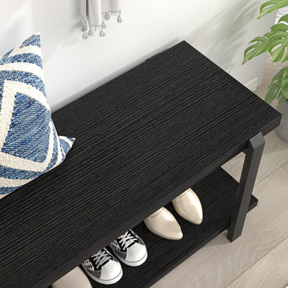 Entryway Bench, Modern Wood and Metal Storage Bench for Hallway, Industrial Indoor Shoe Rack Bench Seat for Living Room Bedroom, Black Oak 47 Inch Long