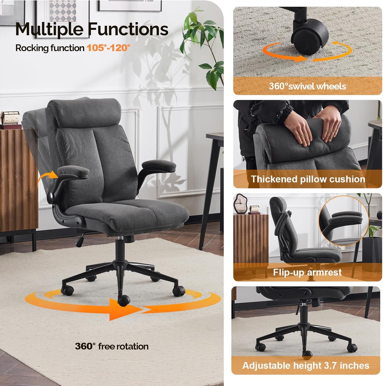 Rolling Ergonomic Office Desk Chair with Padded Flip-Up Arms, 360° Swivel High Back Executive Computer Task Chair with Wheels for Game，Home Small Space, Study Room, Reading Room, Linen Black
