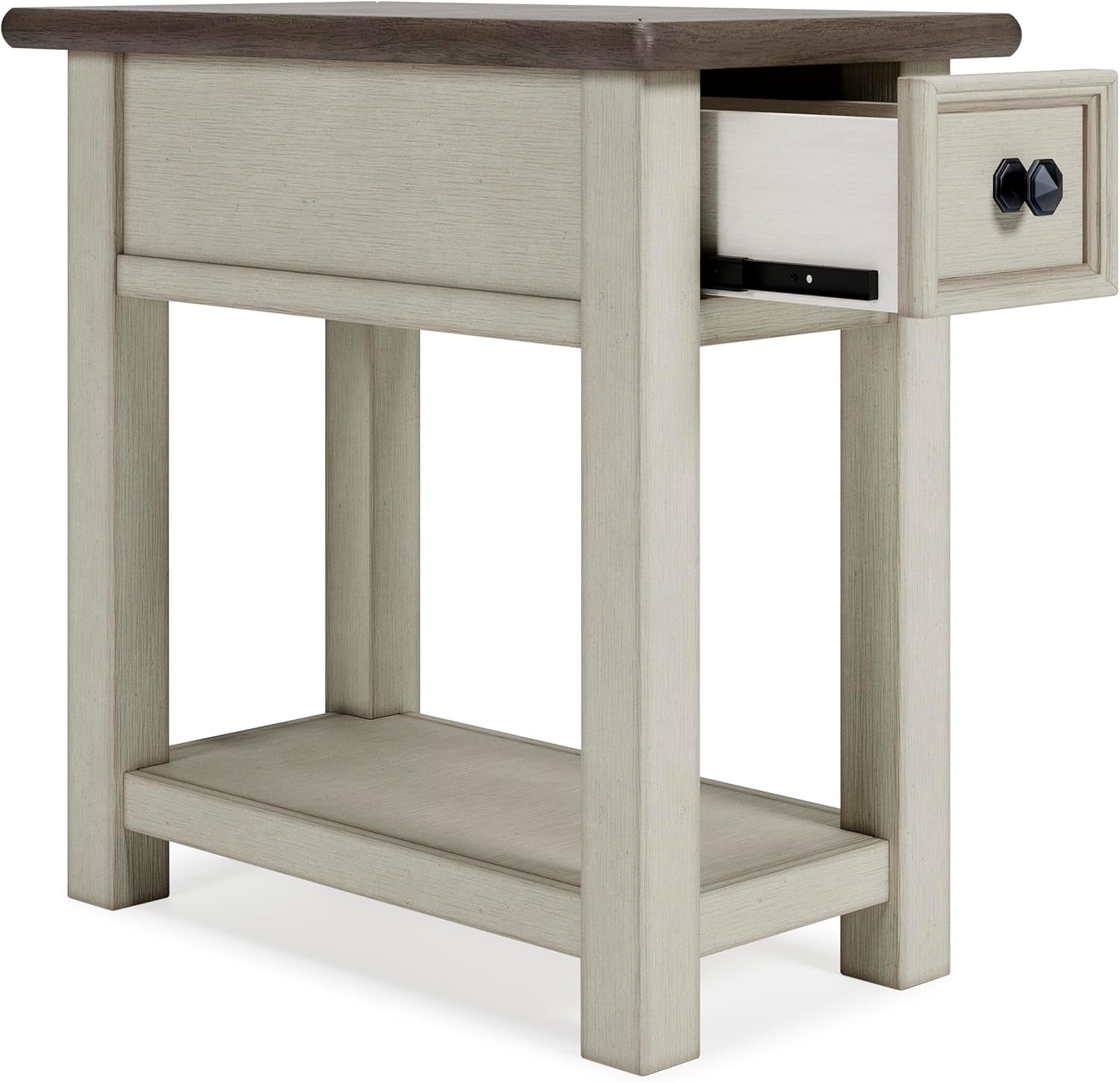 Bolanburg Chairside End Table with Charging Station, Two-Tone Wood Accent Table with Drawer Storage, Plank Top Design for Living Room or Bedroom, Antique White