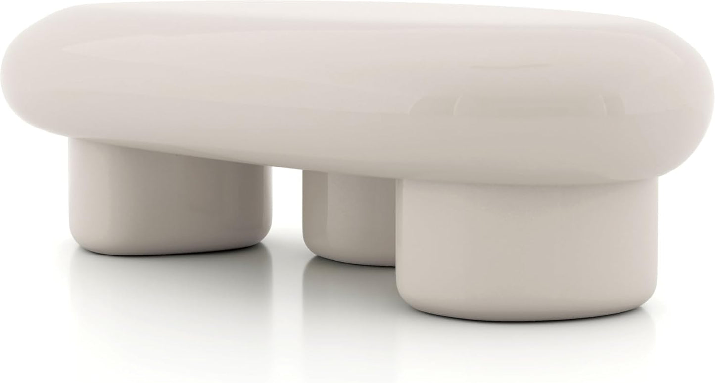 Kavren Modern 37-Inch Oval Glossy Low Profile Coffee Table, Stone Shape Living Room Furniture for Small Space, Ivory