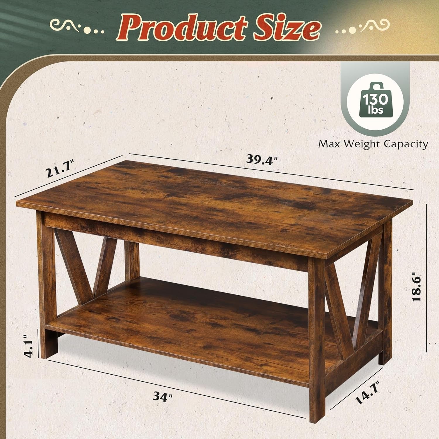 Coffee Table with Storage Shelf, 39.4" Farmhouse Coffee Table with V-Frame Support, 2-Tier Wood Rustic Center Table for Living Room, Bedroom & Balcony, Rustic Brown