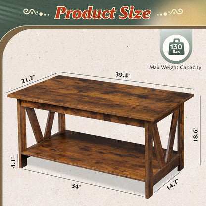 Coffee Table with Storage Shelf, 39.4" Farmhouse Coffee Table with V-Frame Support, 2-Tier Wood Rustic Center Table for Living Room, Bedroom & Balcony, Rustic Brown
