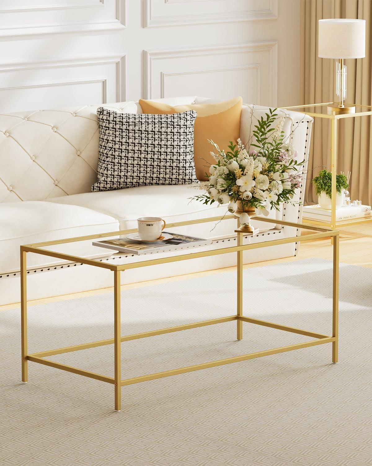 Glass Coffee Table, Modern Rectangular Coffee Table for Living Room, Minimalist Center Tea Table with Sturdy Metal Frame for Apartment, Office, Easy Assembly, 39.4 X 19.7 X 17.7 Inches, Golden