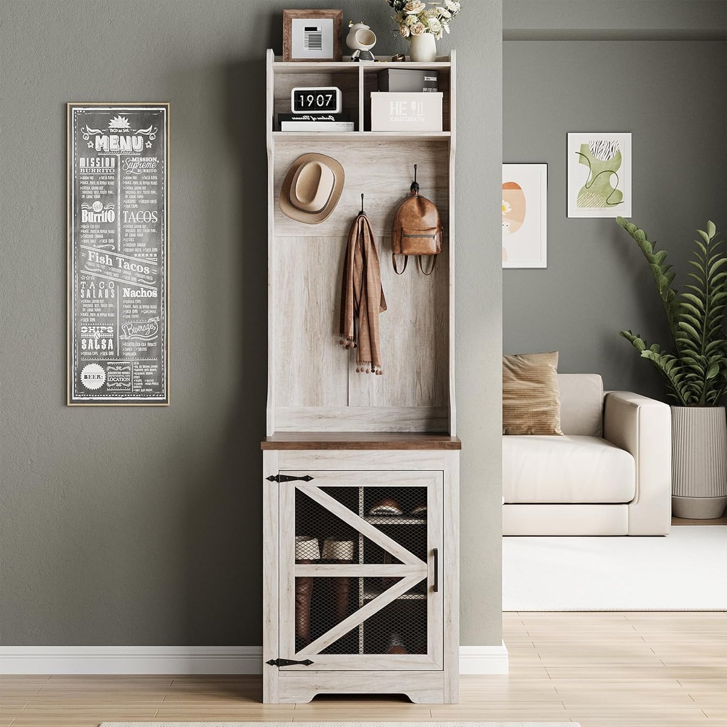 Farmhouse Hall Tree with Shoe Storage, 23" Entryway Narrow Coat Rack with 4 Cubbies, 3 Hooks & Mesh Barn Door, Coat Tree and Shoe Rack Entryway for Hallway, Living Room, Mudroom, Rustic White