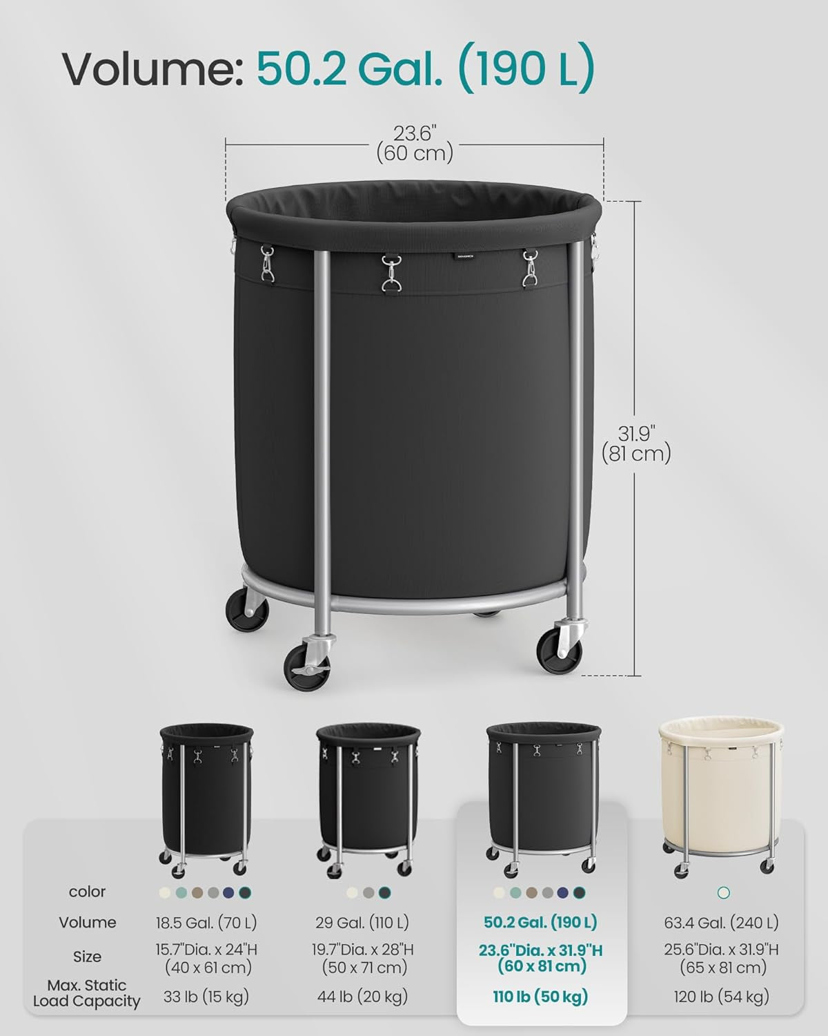 50.2-Gallon (190 L) Laundry Basket with Wheels, Rolling round Heavy-Duty Laundry Hamper Cart with Steel Frame and Removable Bag, 2 Locking Wheels, Ink Black and Metallic Silver URLS001B01