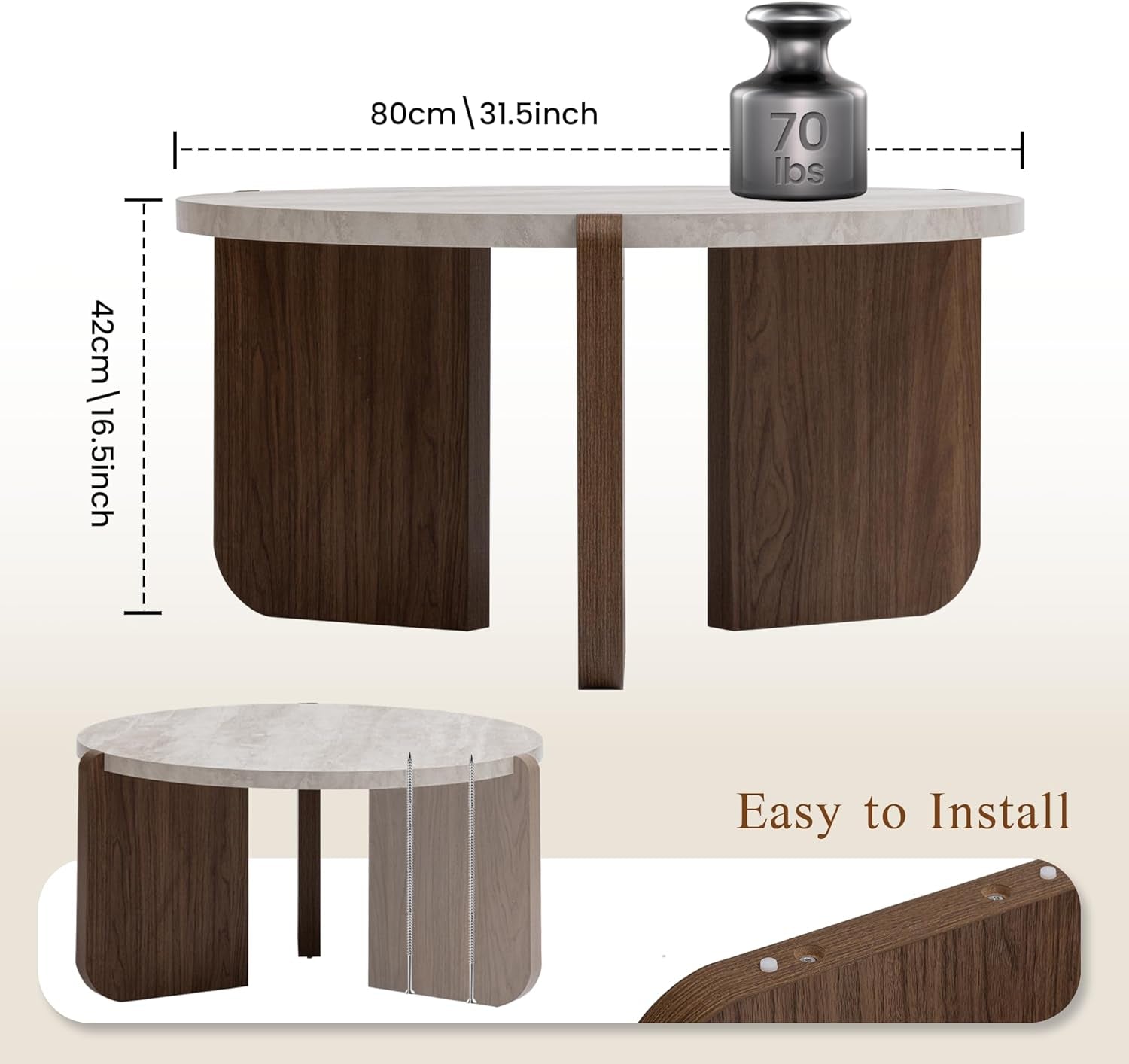Modern round Coffee Table with Sturdy Base, Wood Center Tables for Living Room Reception Room, Faux Marble Tabletop, Easy Assemble