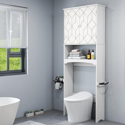 over the Toilet Storage Cabinet with Gold Trim,Modern Bathroom Cabinet over Toilet with Adjustable Shelves and Toilet Paper Holder,Over Toilet Organizer Space Saver for Bathroom (Green)