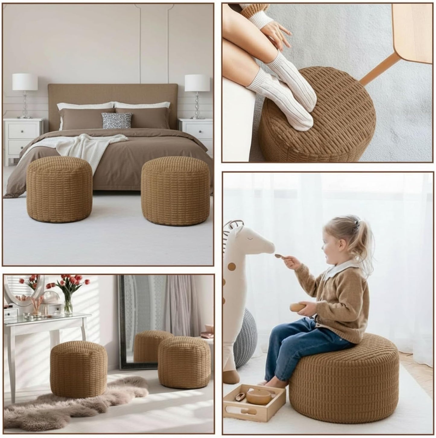 2 Pcs 20 X 15 Inch Unstuffed Ottoman Pouf Cover Corduroy Foot Rest - No Filler, Striped Foot Stool Floor Bean Bag Floor Chair Storage for Modern Farmhouse Bedroom Home Decor (Light Brown)