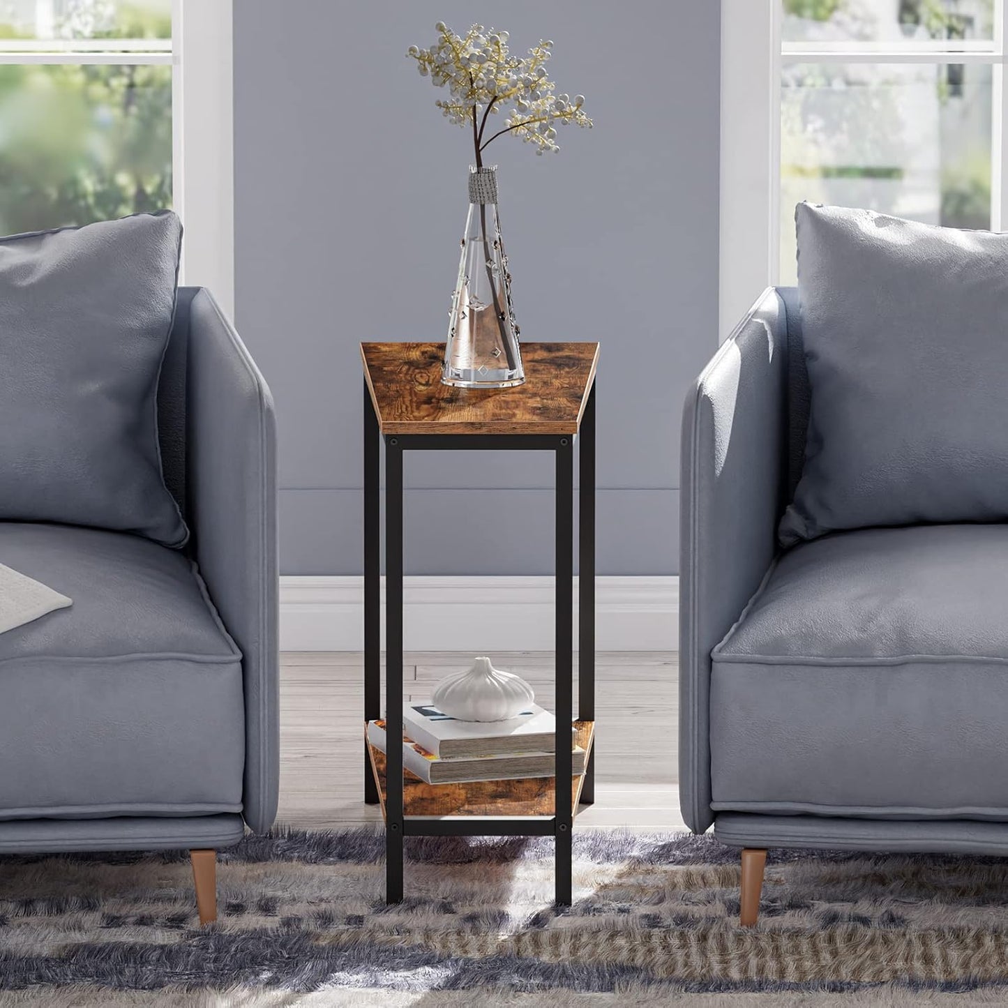 Wedge End Table, Recliner Wedge Side Table with Storage, Industrial Triangle Accent Table for Small Space, Corner, Living Room, Apartment, Rustic Brown BF64BZ01G1