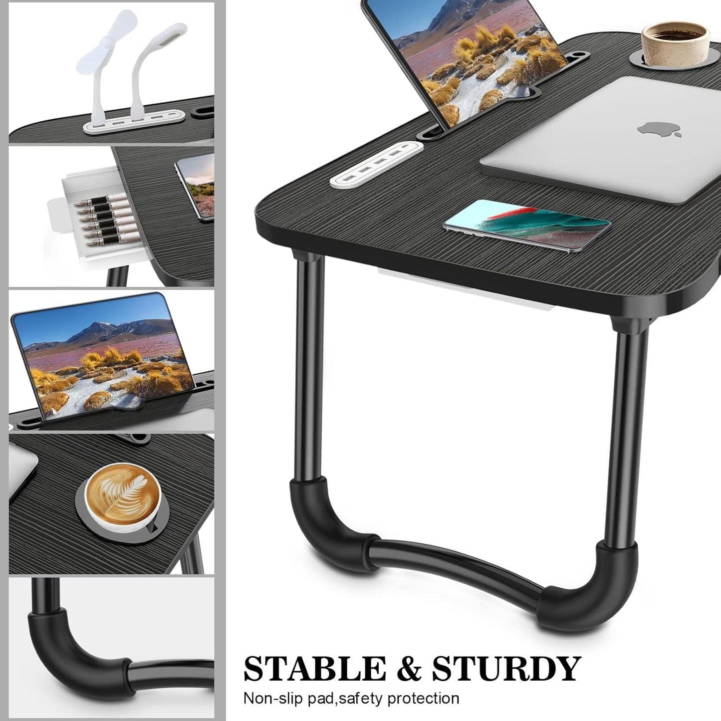 Laptop Lap Desk, Foldable Laptop Table Tray with 4 USB Ports Storage Drawer and Cup Holder, Lap Bed Desk Notebook Stand Laptray Portable Standing Table for Bed Couch Floor