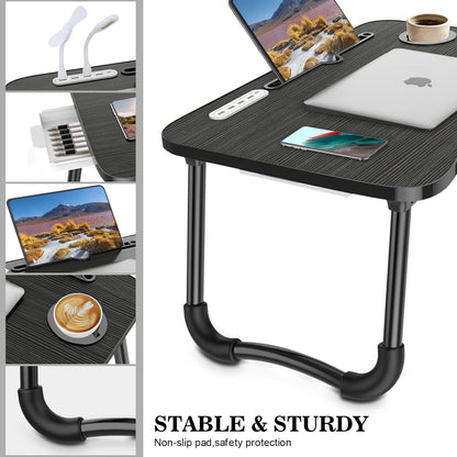 Laptop Lap Desk, Foldable Laptop Table Tray with 4 USB Ports Storage Drawer and Cup Holder, Lap Bed Desk Notebook Stand Laptray Portable Standing Table for Bed Couch Floor