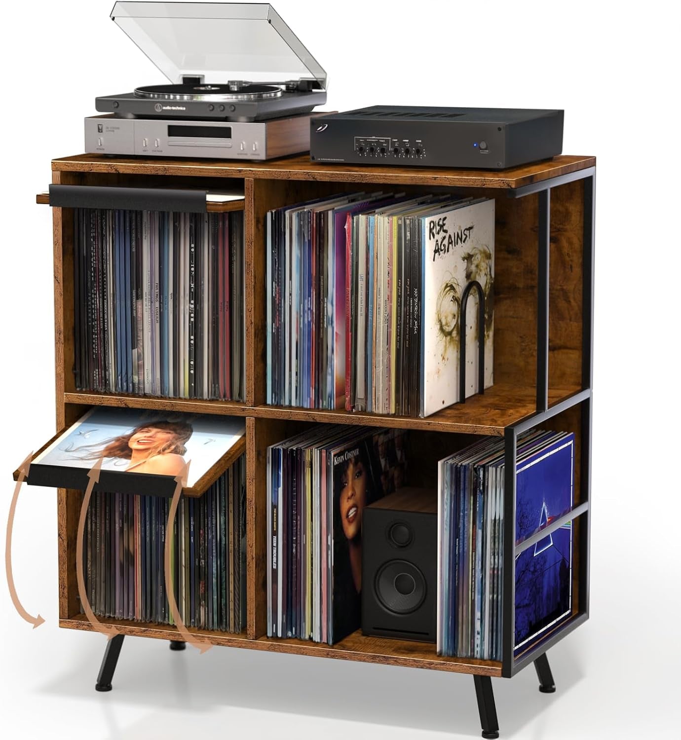 3 Tier Record Player Stand, Flip Top Record Player Cabinet, Mid Century Record Player Table with Shelves Holds up to 300+ Albums, Vinyl Record Storage with 4 U-Dividers for Living Room Bedroom, Brown