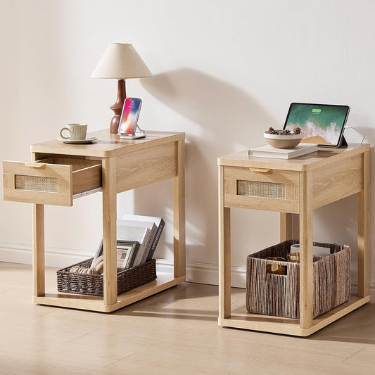 Narrow Side Table with Charging Station, 24X14''Rattan Night Stand with Drawer Storage, Natural Wood Bedside End Table for Small Spaces, Boho Nightstand for Living Room Bedroom