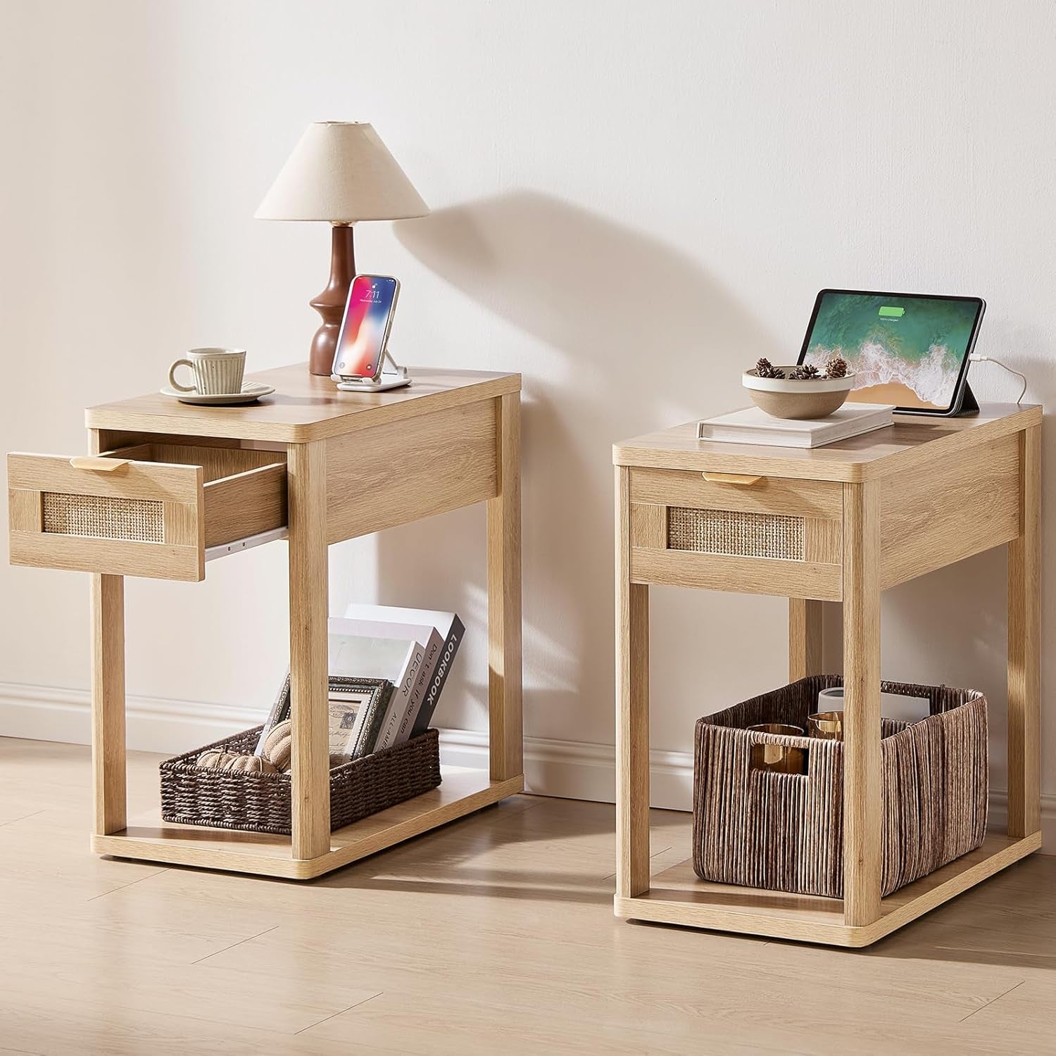Narrow Side Table Set 2 with Charging Station,Rattan Night Stand with Drawer Storage,Natural Wood Bedside End Table with Metel Handle for Small Spaces,Boho Nightstand for Living Room Bedroom